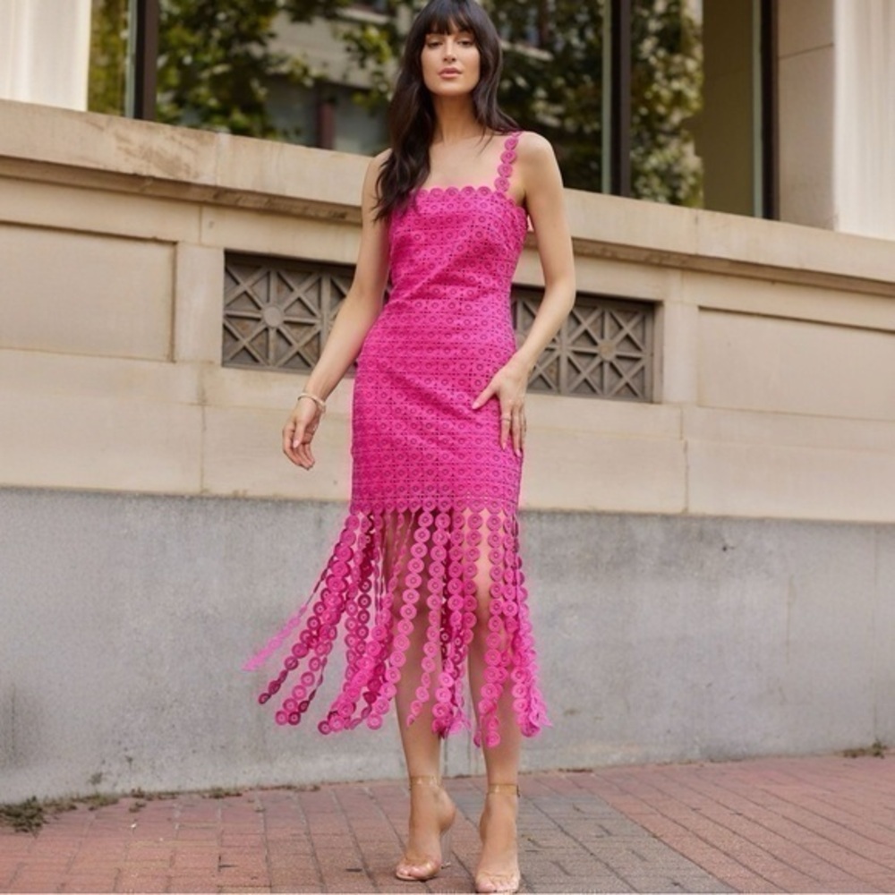 New York & Company Just Me Square Neck Circle Lace Magenta Fringe Dress